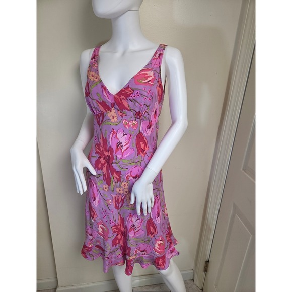 Betsey Johnson Dresses & Skirts - Betsey Johnson Vintage Y2K Pink Floral Silk Slip Dress Ruffle Hem Petite L